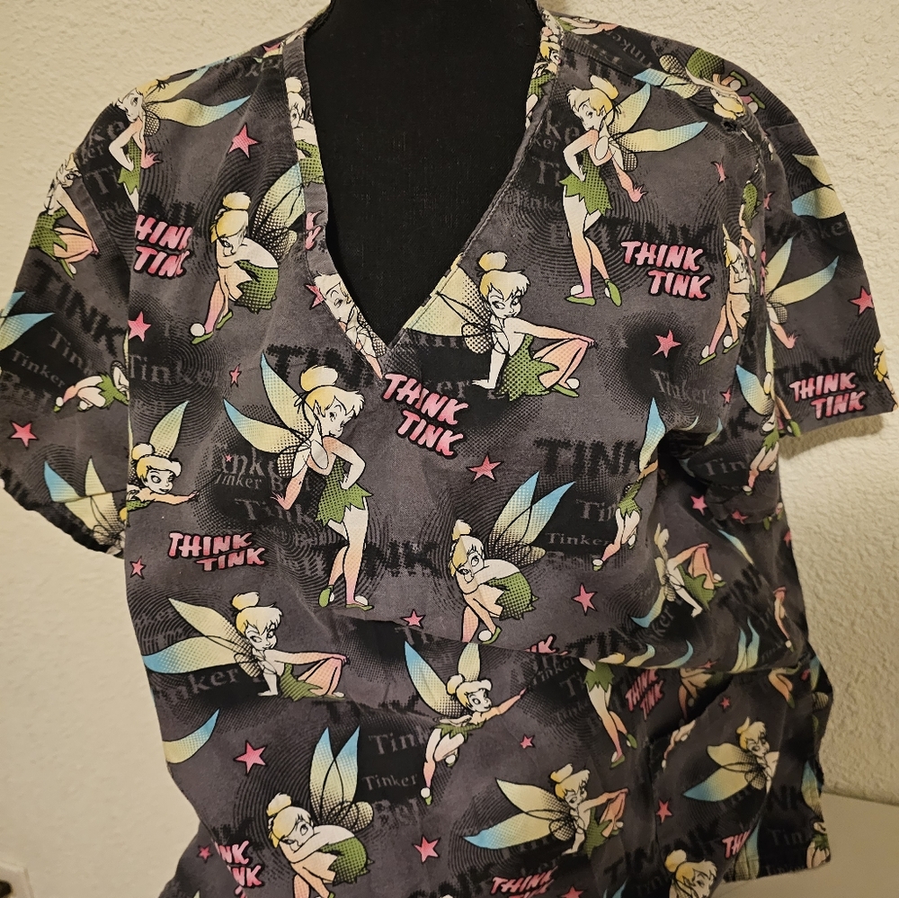 Disney Womens Scrubs Tops XL Tinker Bell Short Sleeve V Neck